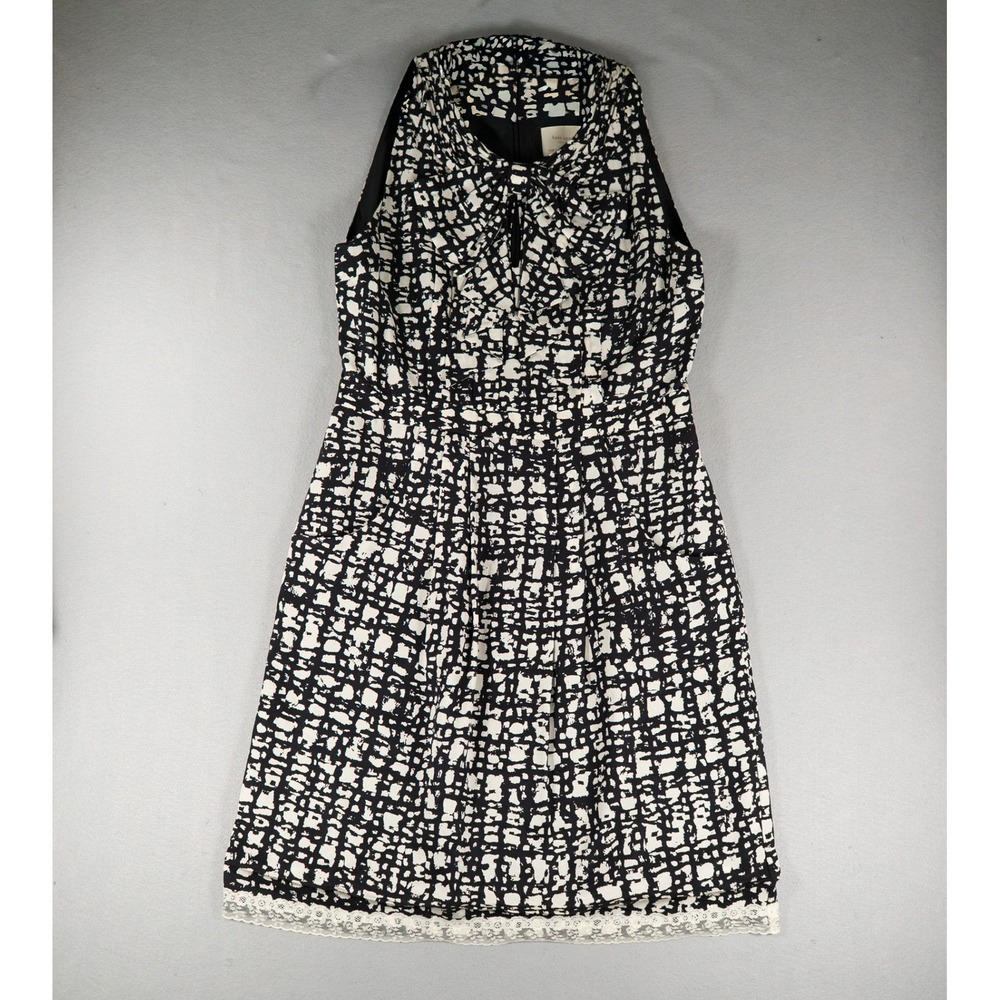 Kate Spade Womens Silk Dress Grid Print Lace Hem Black White 12 Sleeveless Bow
